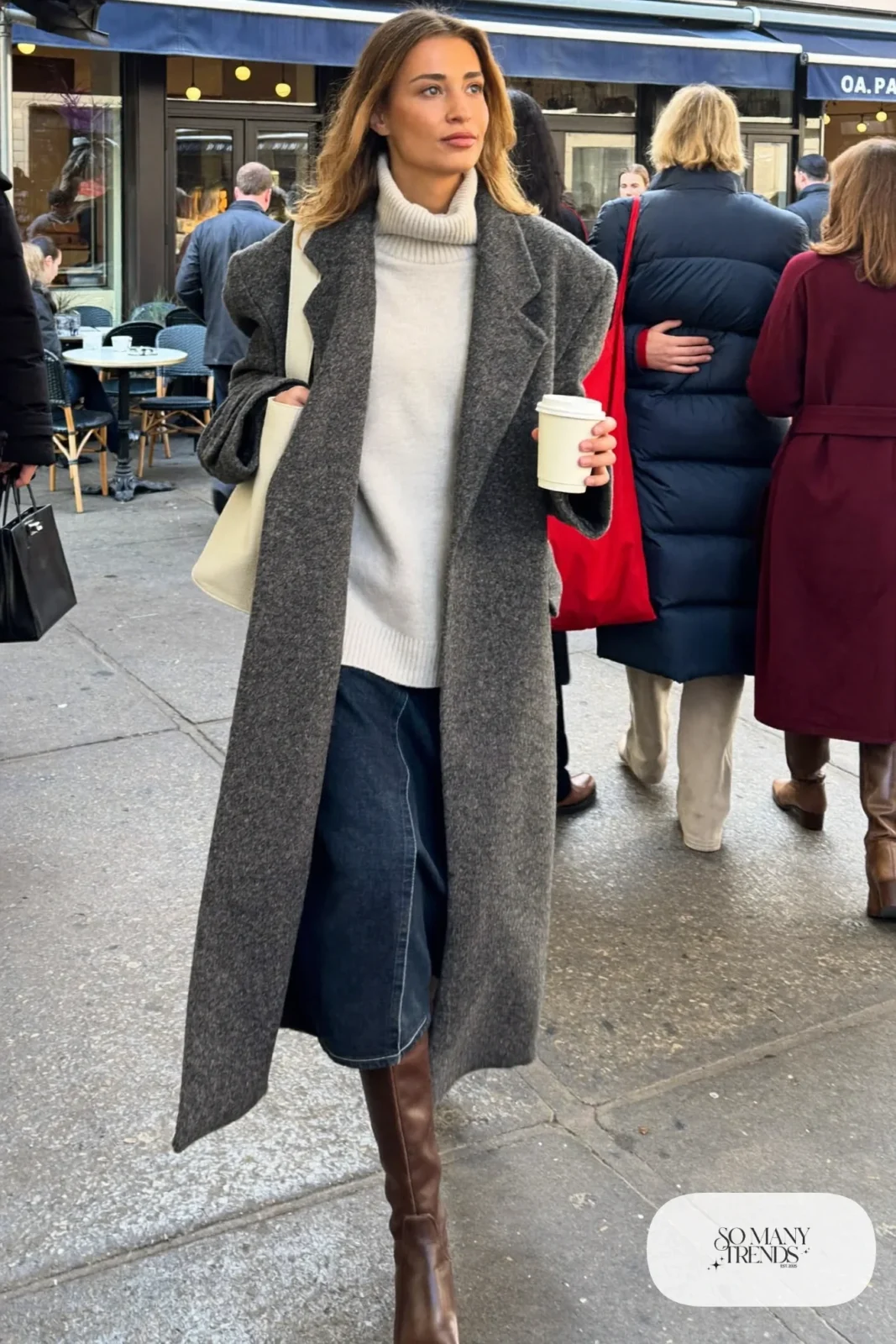 gray long coat dark denim midi skirt cream turtleneck brown knee-high boots tote bag outfit 23