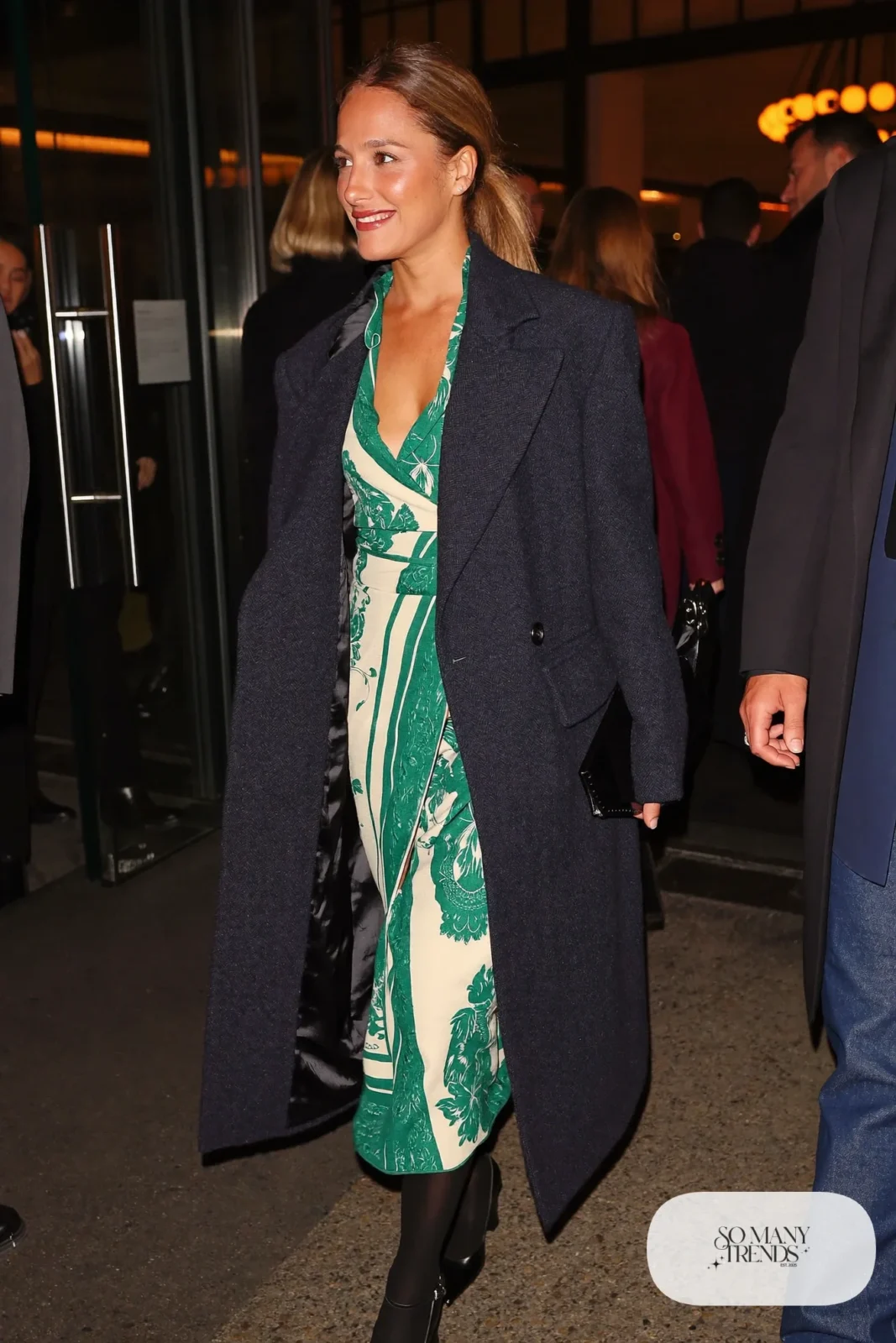 navy long wool coat green printed wrap midi dress black sheer tights closed-toe block heels clutch outfit 24