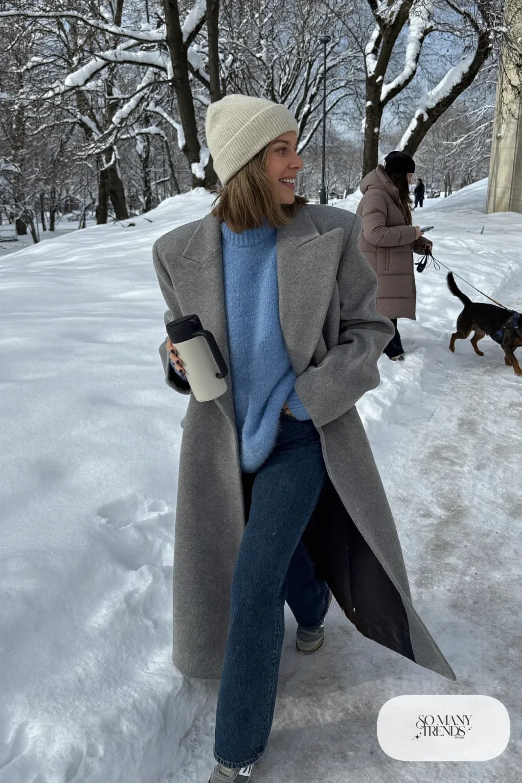gray long wool coat powder blue knit sweater dark wash straight jeans gray suede sneakers beanie outfit 27