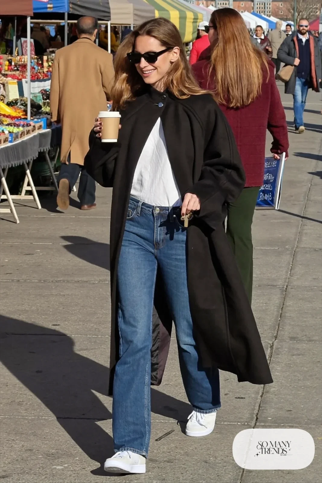 black long wool coat white t-shirt blue straight jeans low profile white sneakers sunglasses outfit 29