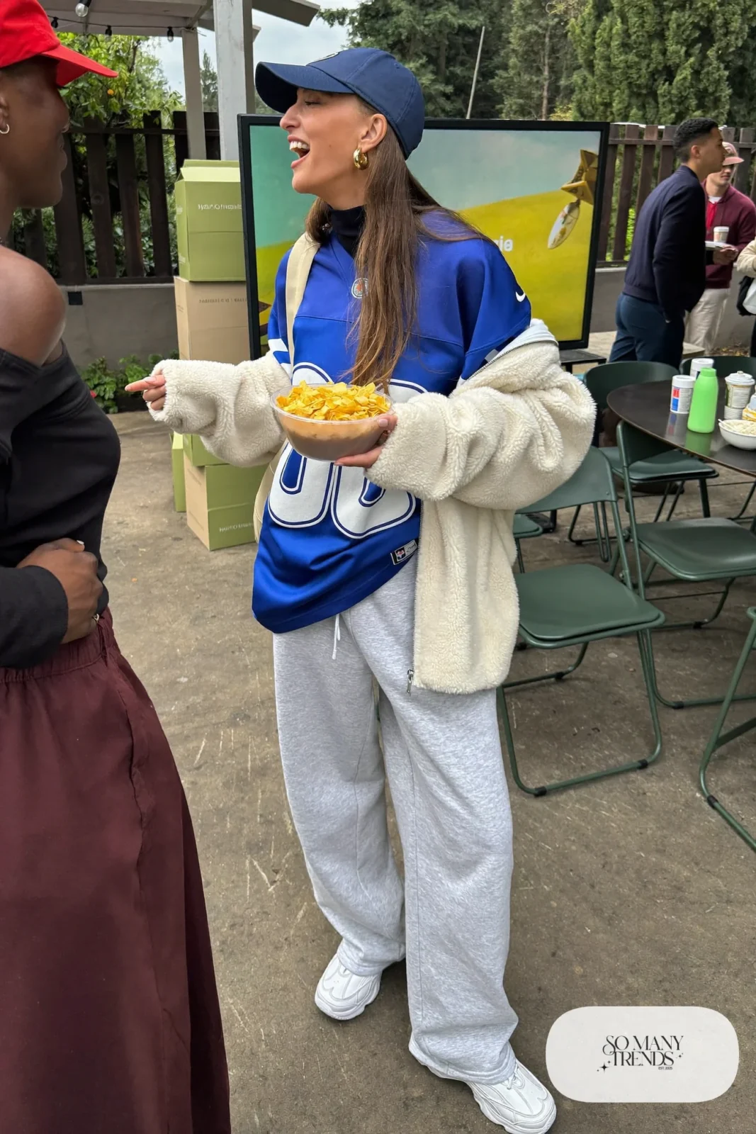cobalt blue football jersey gray straight sweatpants cream fleece zip jacket sneakers baseball cap outfit 11