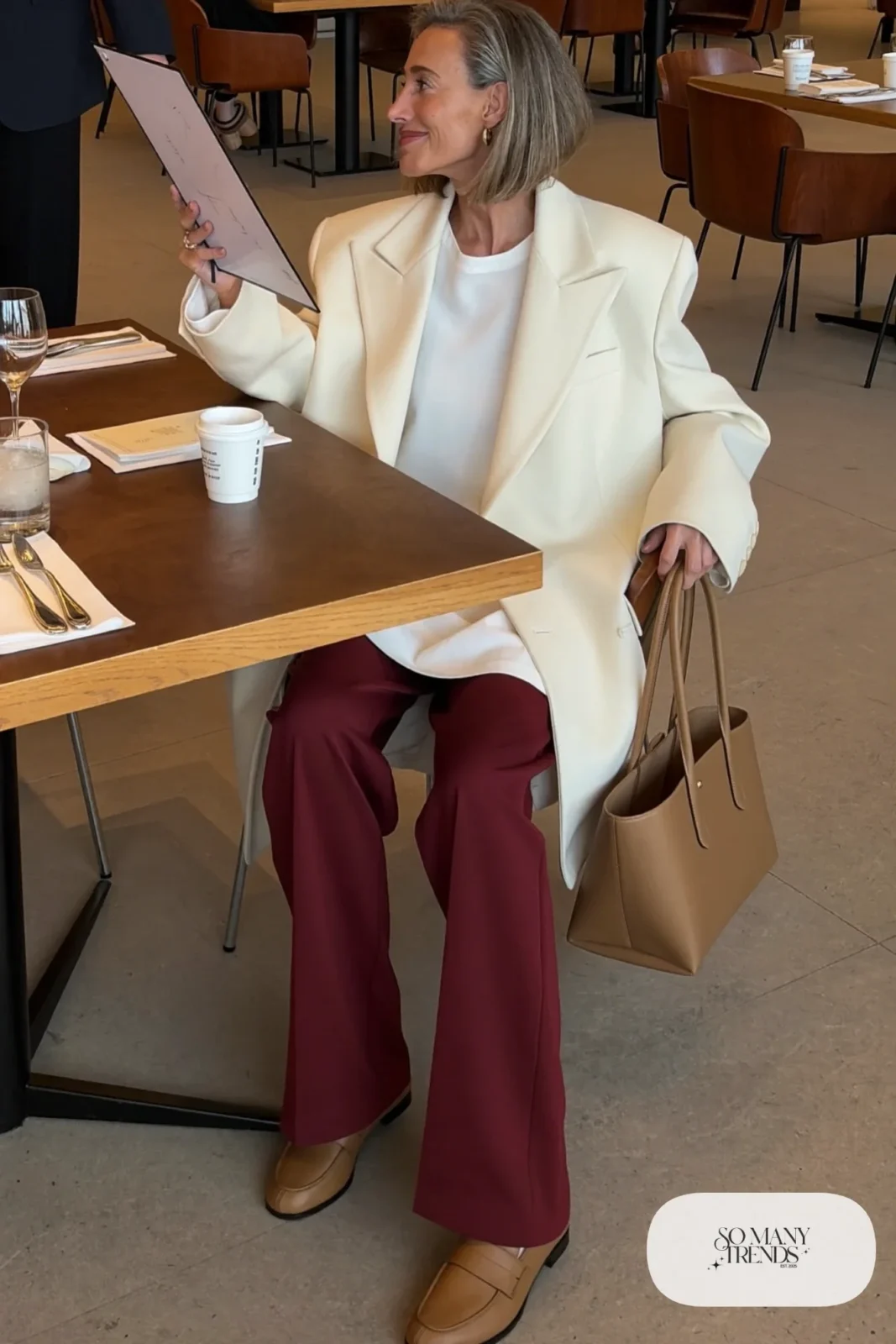cream oversized blazer burgundy wide-leg pants white knit top tan loafers camel tote bag business casual outfit 12