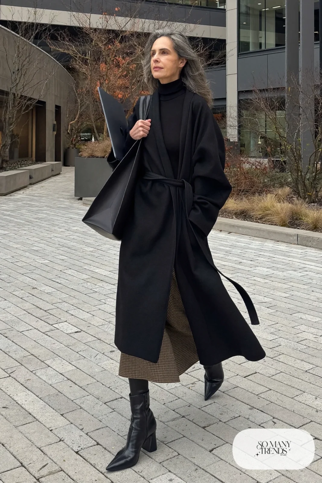 black wrap coat brown gray plaid midi skirt black turtleneck black block-heel ankle boots leather tote office outfit 13