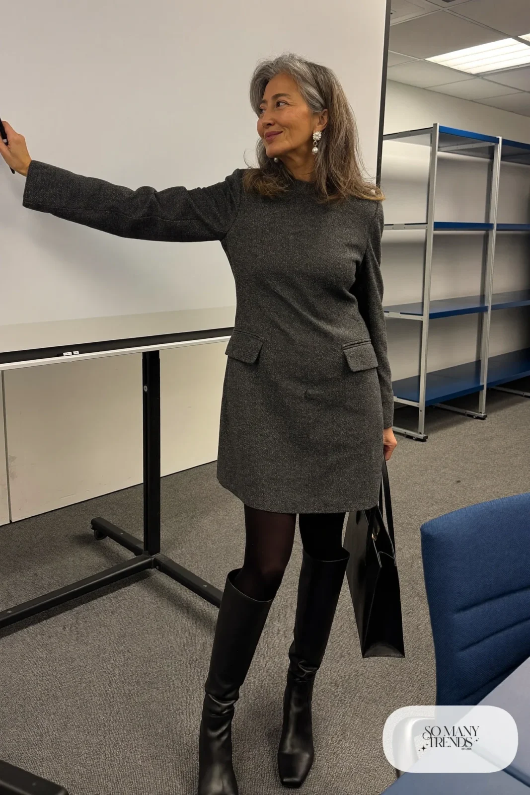 gray wool blazer dress black opaque tights black knee-high boots black leather tote pearl earrings office outfit 17