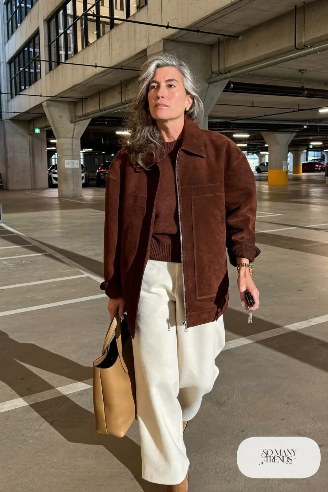 brown suede boxy jacket cream wide-leg pants chocolate sweater tan ankle boots leather tote gold watch office outfit 18