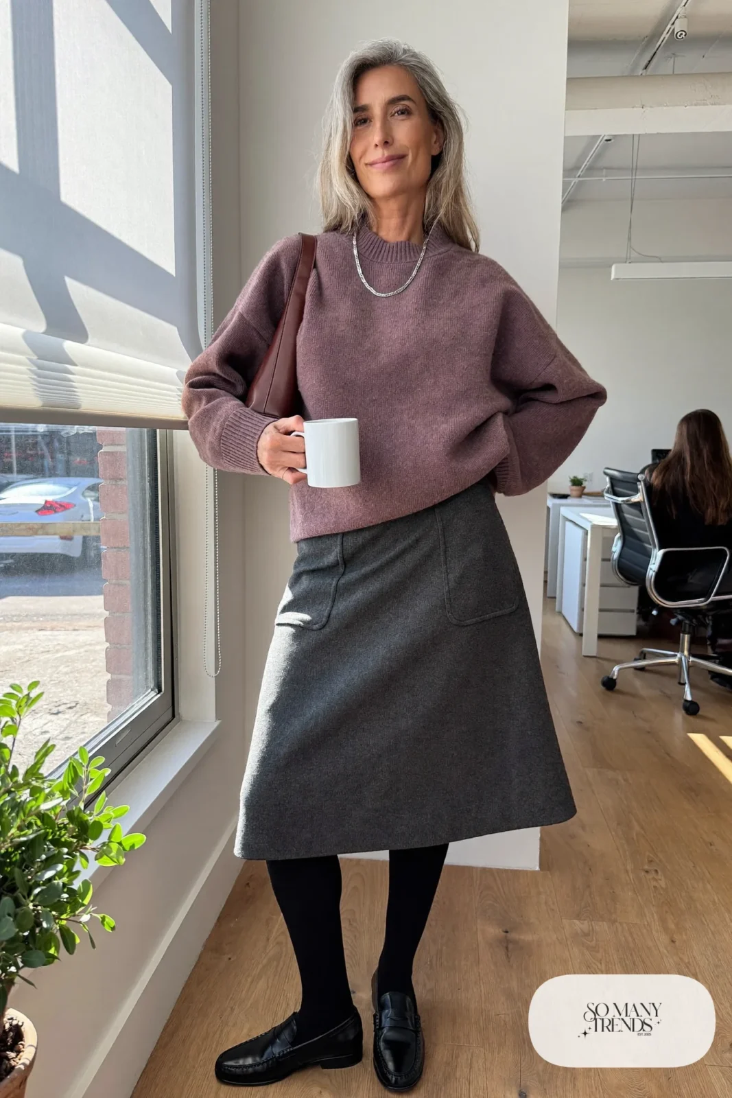 plum merino sweater gray A-line midi skirt black opaque tights black loafers leather bag silver necklace office outfit 19
