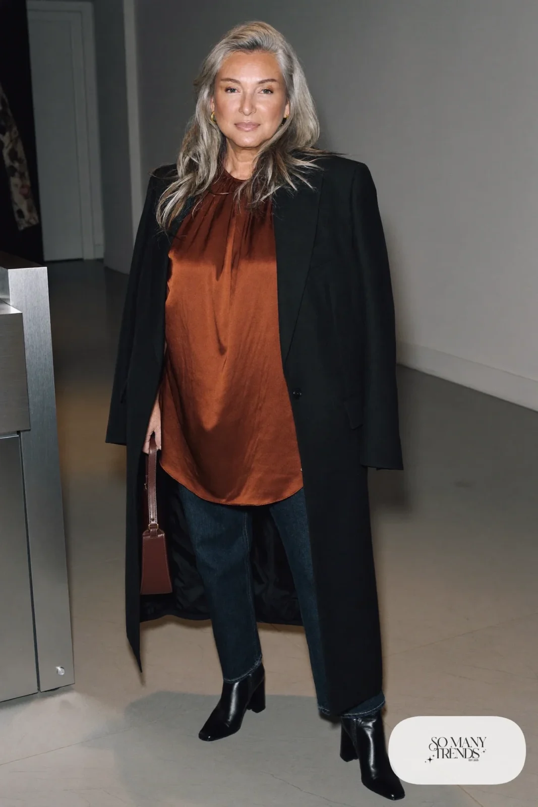 long black blazer dark straight jeans rust silk blouse black block-heel boots leather bag gold hoops office outfit 20