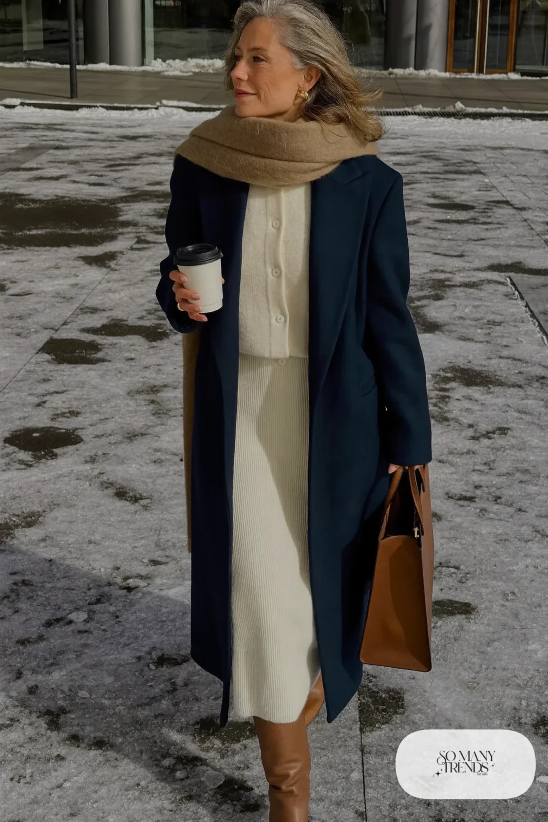 ivory knit cardigan and midi skirt set navy long overcoat tan boots brown leather tote wool scarf office outfit 21