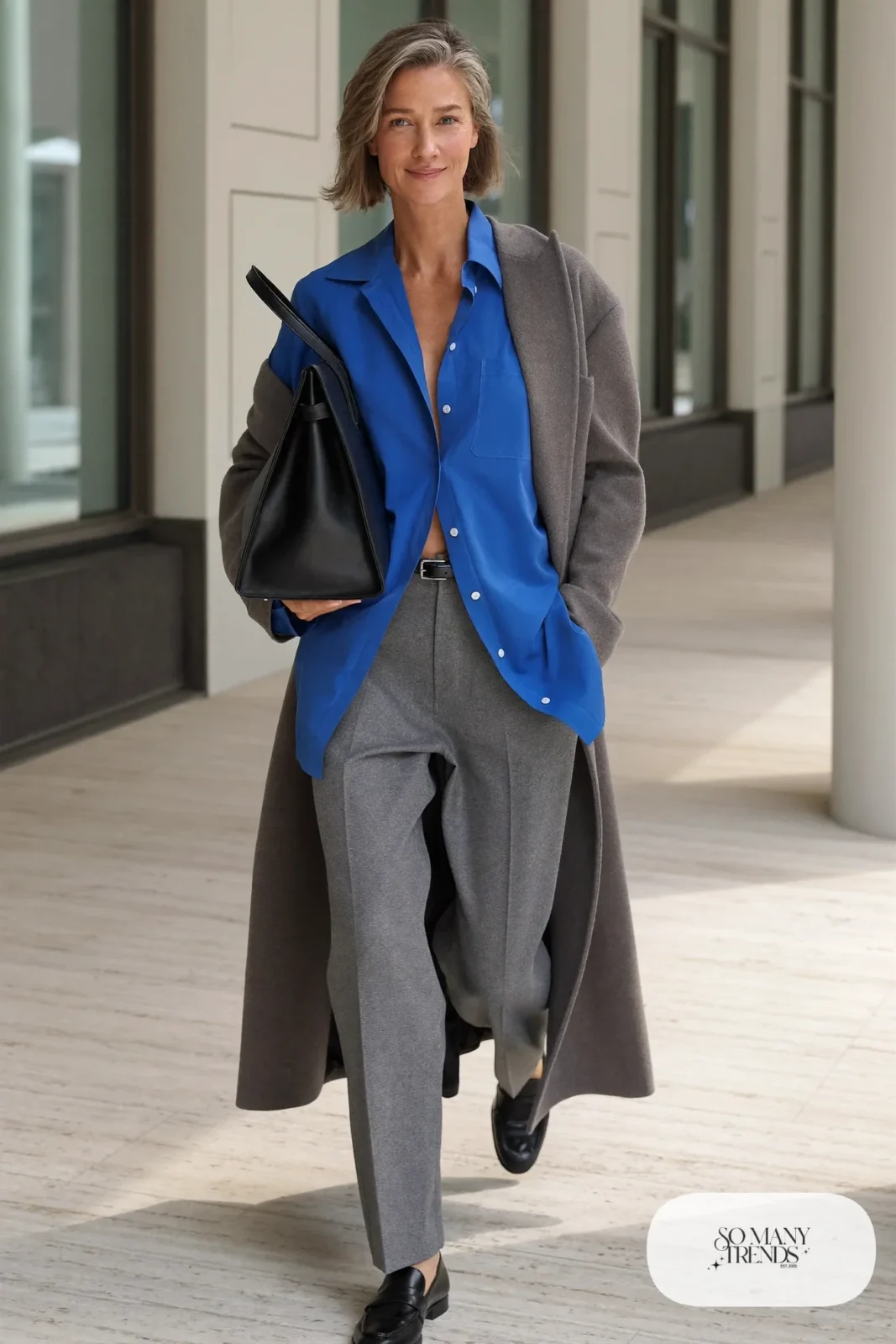 cobalt blue silk blouse gray wide-leg pants slim black belt long gray coat black loafers leather tote office outfit 22