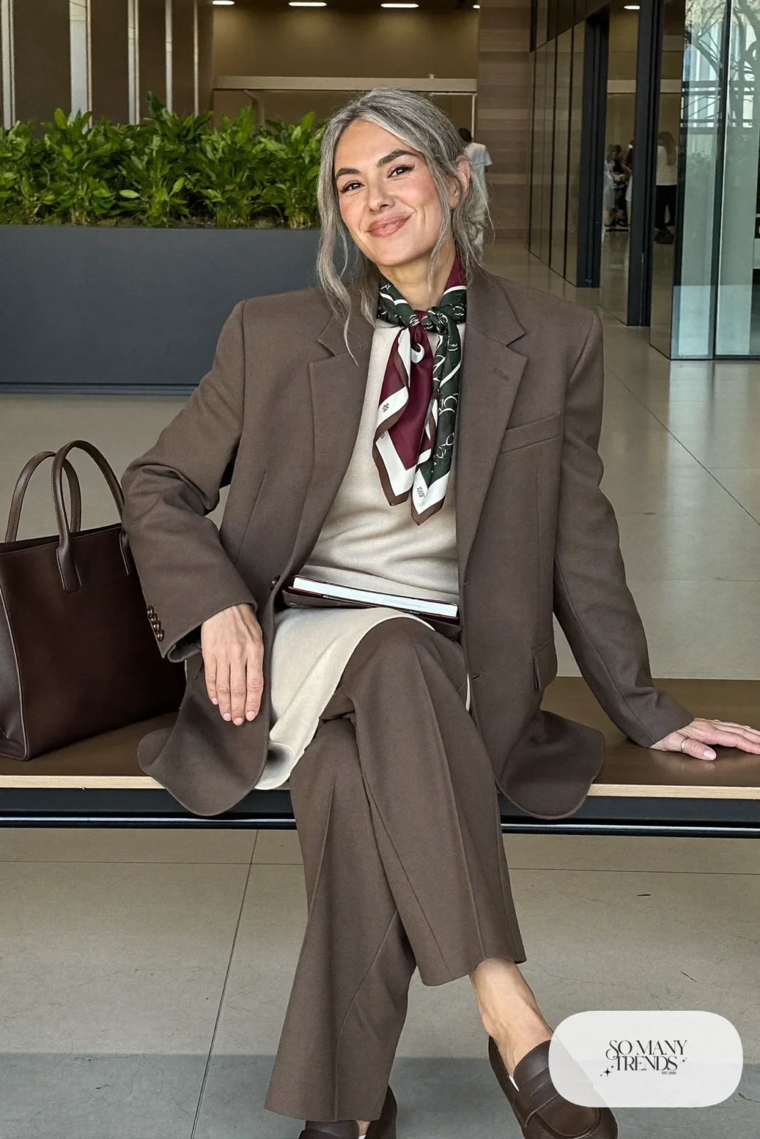 taupe wool oversized blazer matching wide-leg pants cream knit top silk scarf brown loafers leather tote office outfit 26
