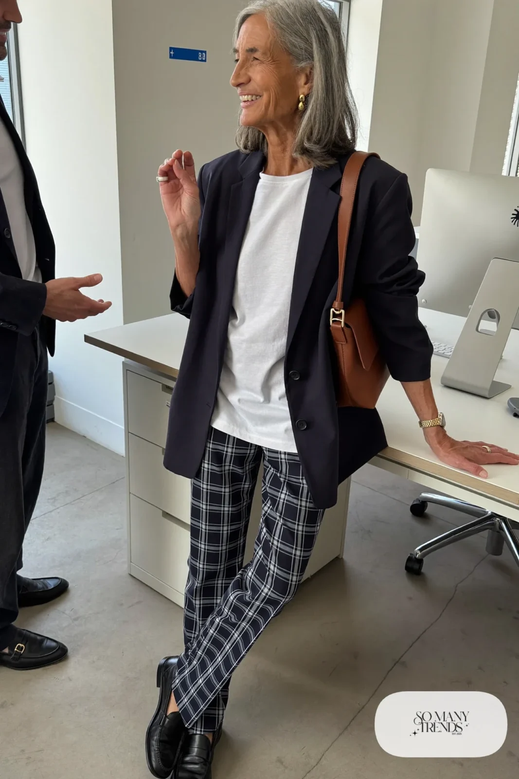 navy oversized blazer white cotton tee gray navy plaid straight pants black loafers leather bag gold watch office outfit 28