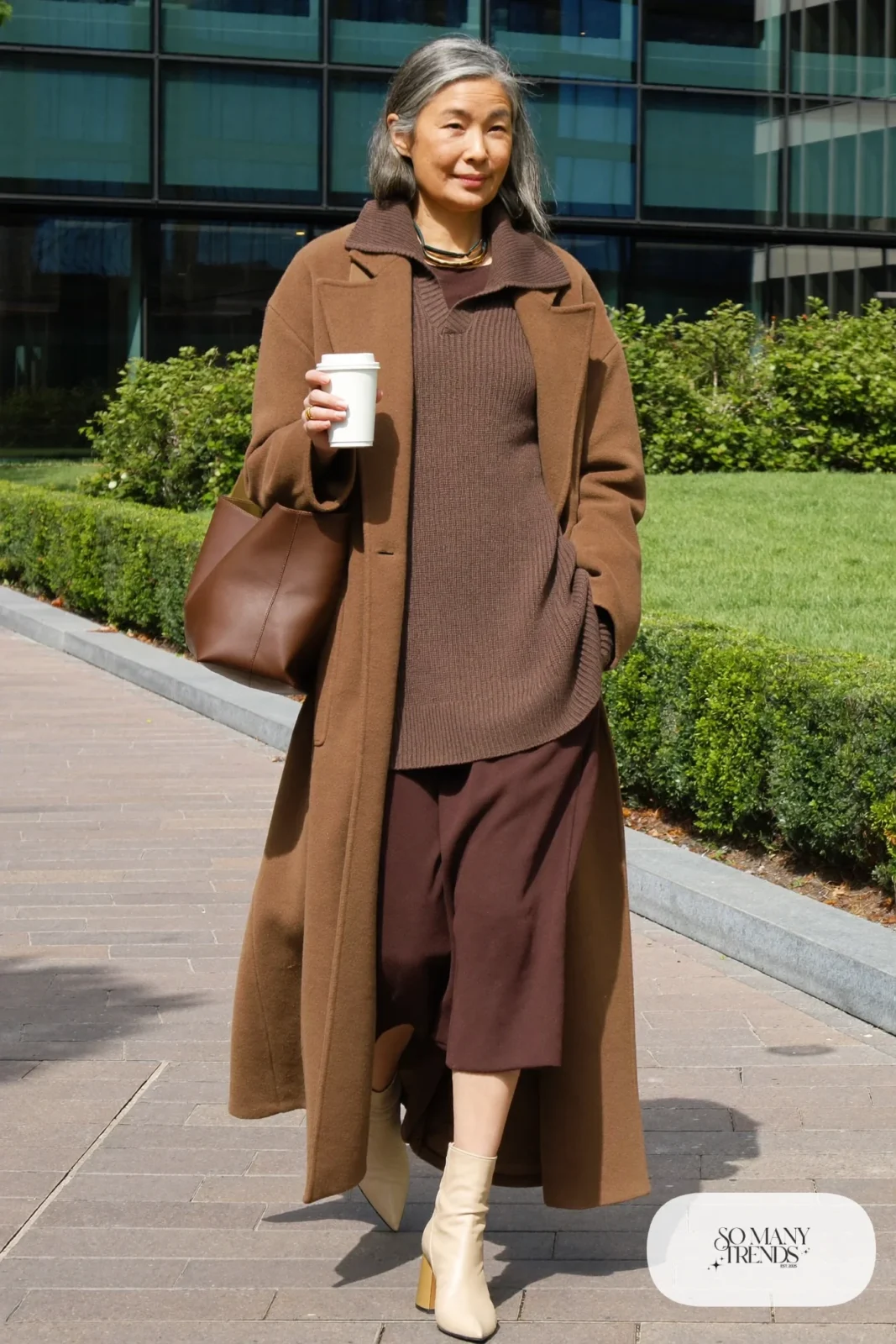 chocolate brown knit sweater and midi skirt set camel long coat cream ankle boots leather tote gold necklace office outfit 29