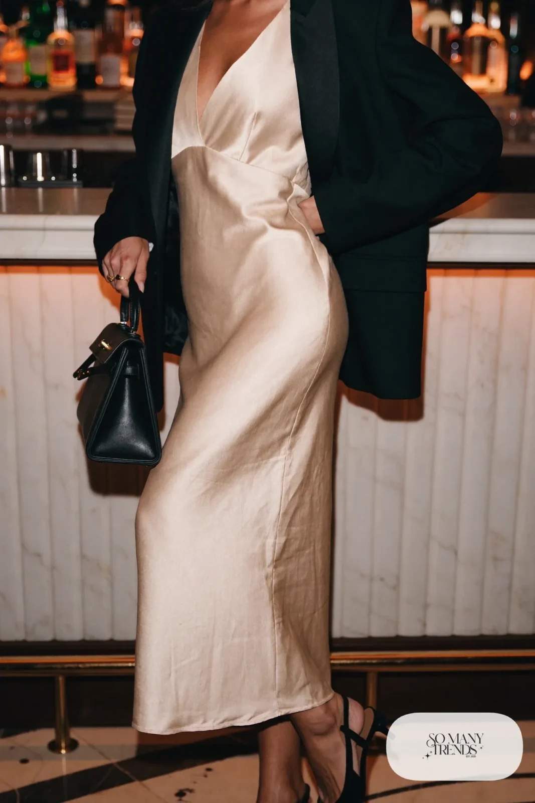 champagne satin slip dress black boxy tuxedo jacket black slingbacks gold rings outfit 2