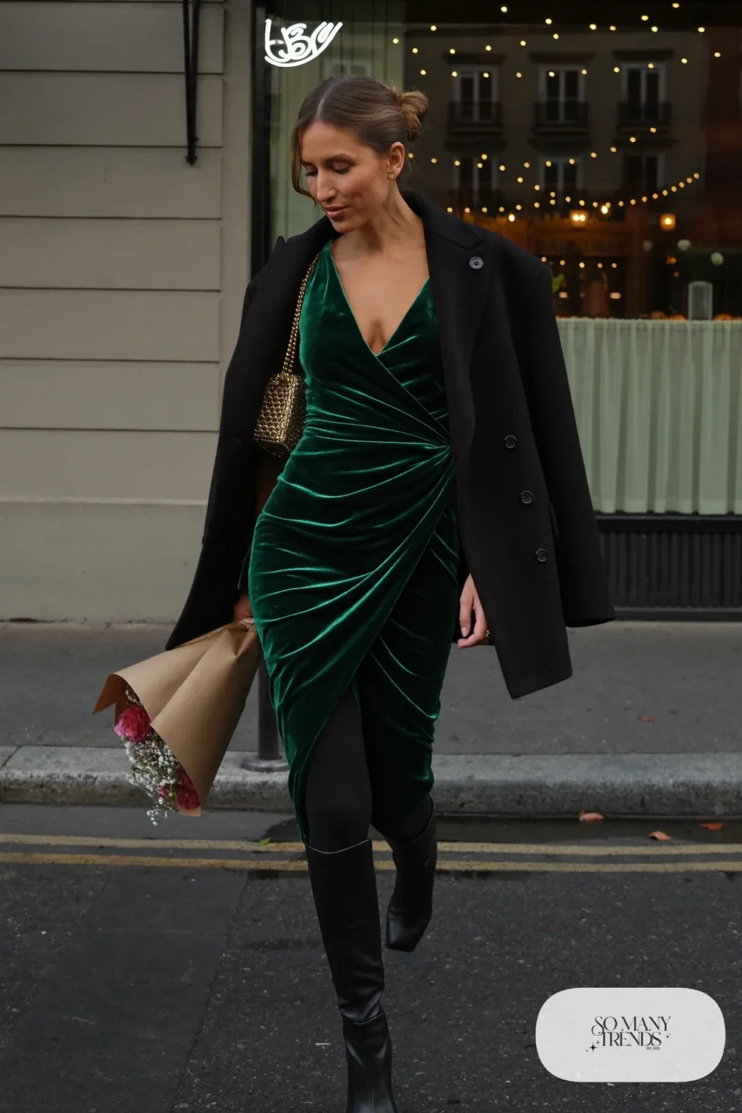 emerald velvet wrap midi dress knee-high black boots black wool coat gold chain bag outfit 3