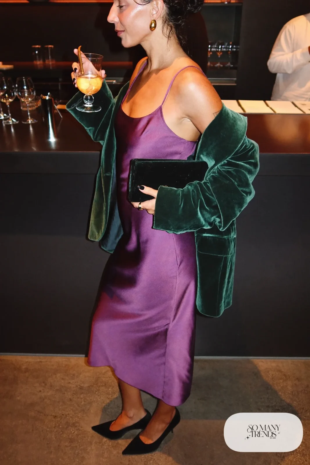 plum satin midi dress forest green velvet blazer black pointed pumps velvet clutch outfit 13