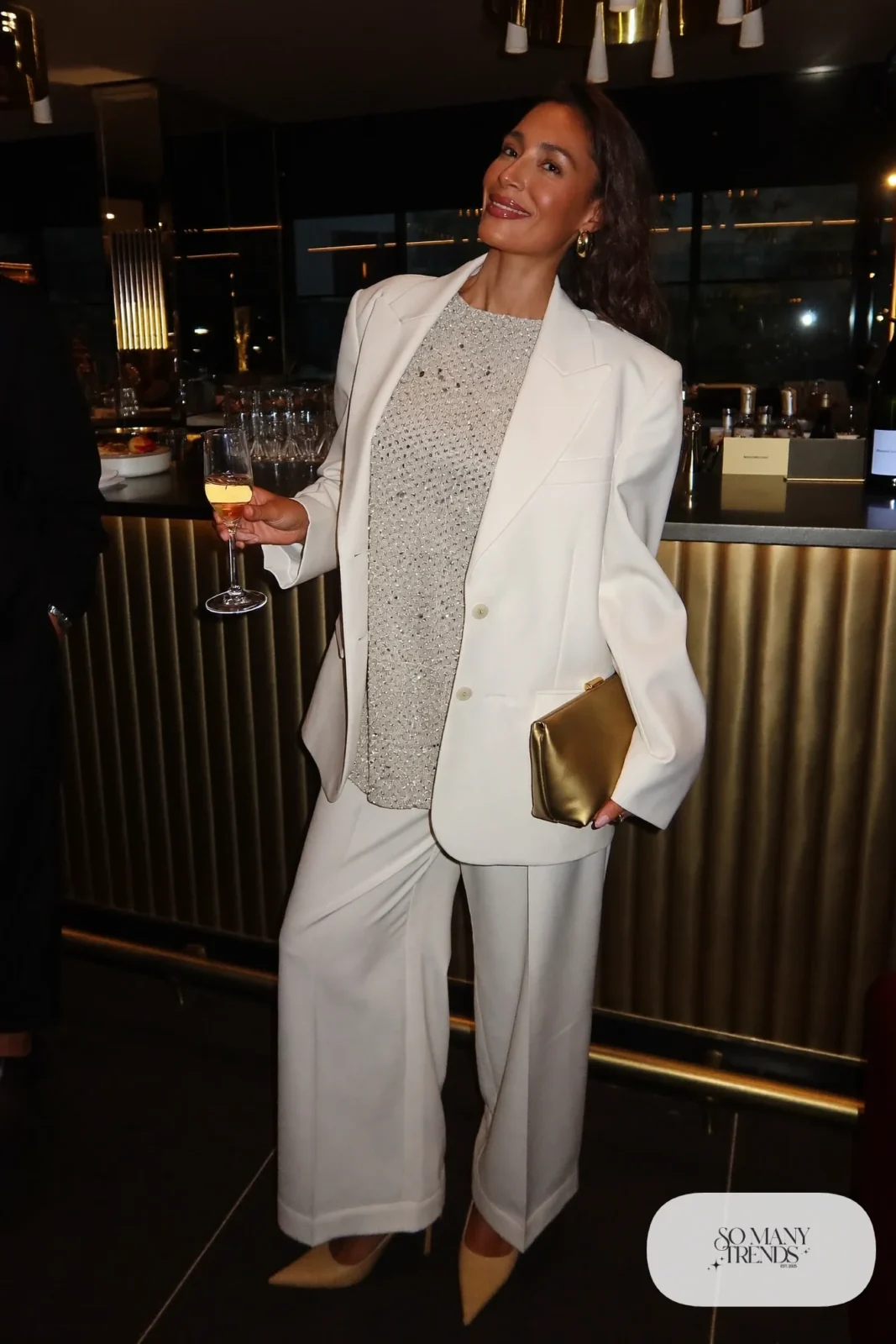 white oversized blazer white wide leg pants silver sequin top nude pumps gold clutch outfit 29