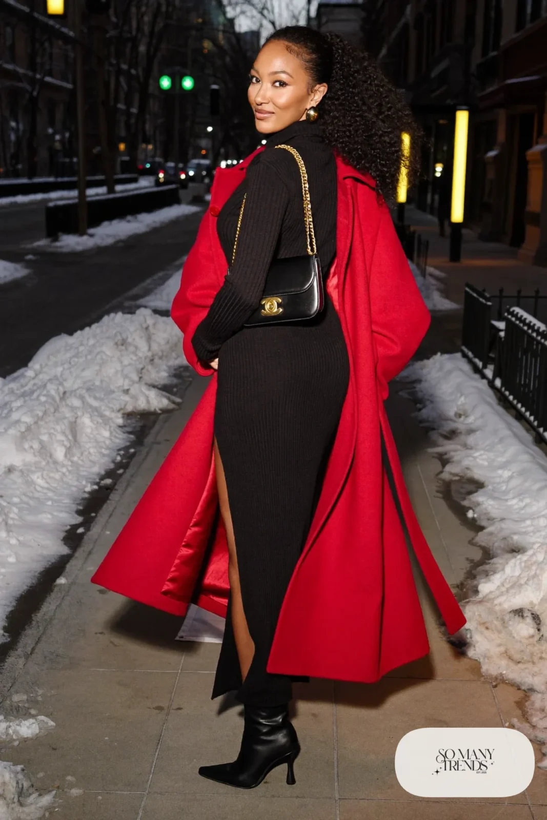 black ribbed knit maxi dress side slit red wool coat black pointed boots gold chain bag gold earrings outfit 34