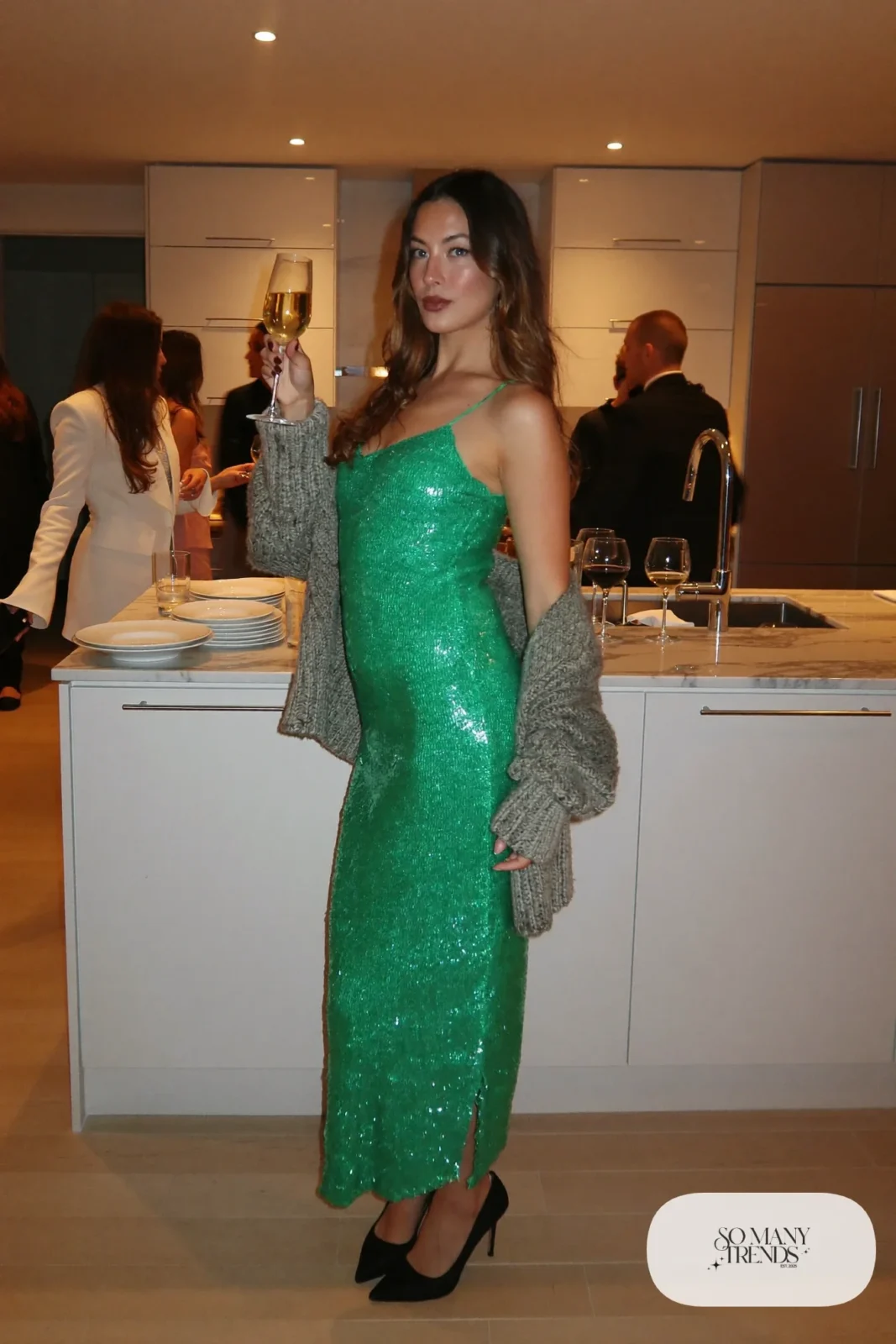 emerald sequin maxi slip dress oversized gray cardigan closed toe heels outfit 6