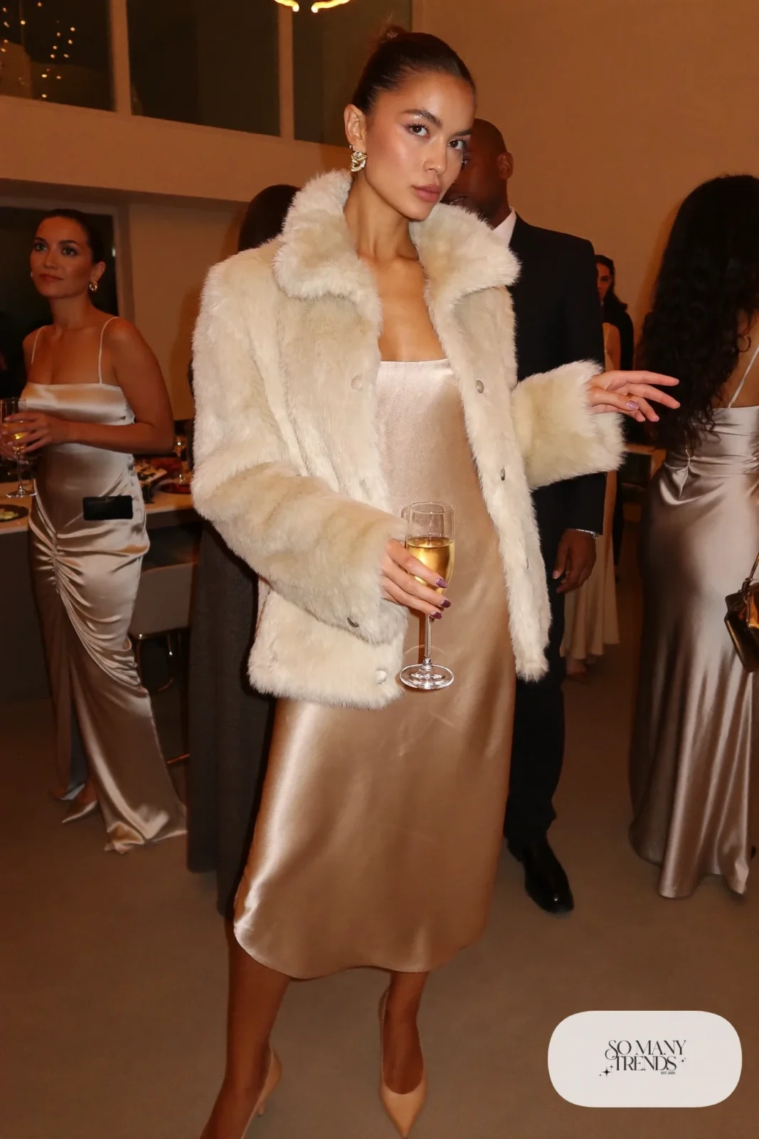 champagne satin midi slip dress cream faux fur jacket closed toe pumps outfit 7