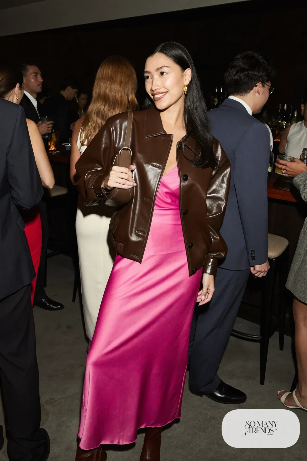 hot pink satin slip dress brown leather jacket brown knee boots gold hoops outfit 9