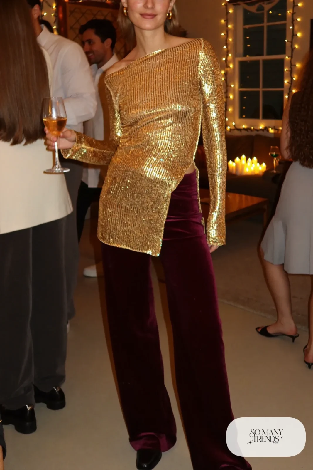 burgundy velvet wide leg pants gold metallic knit top black loafers outfit 16