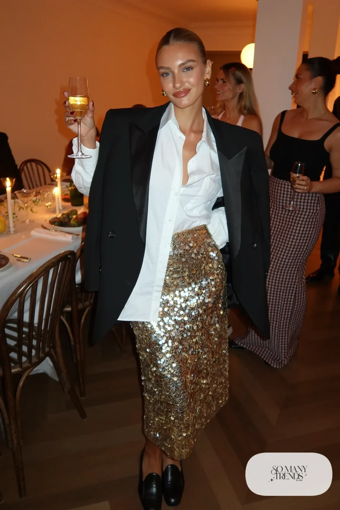 gold sequin midi skirt white poplin shirt black blazer black loafers outfit 23