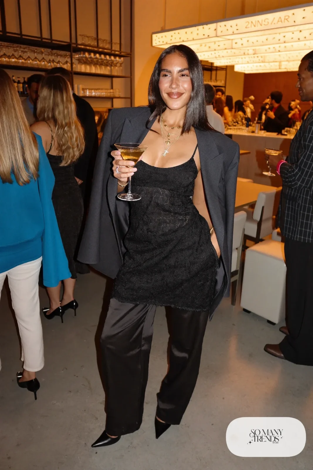 black lace cami oversized blazer wide leg pants pointed pumps gold jewelry outfit 25