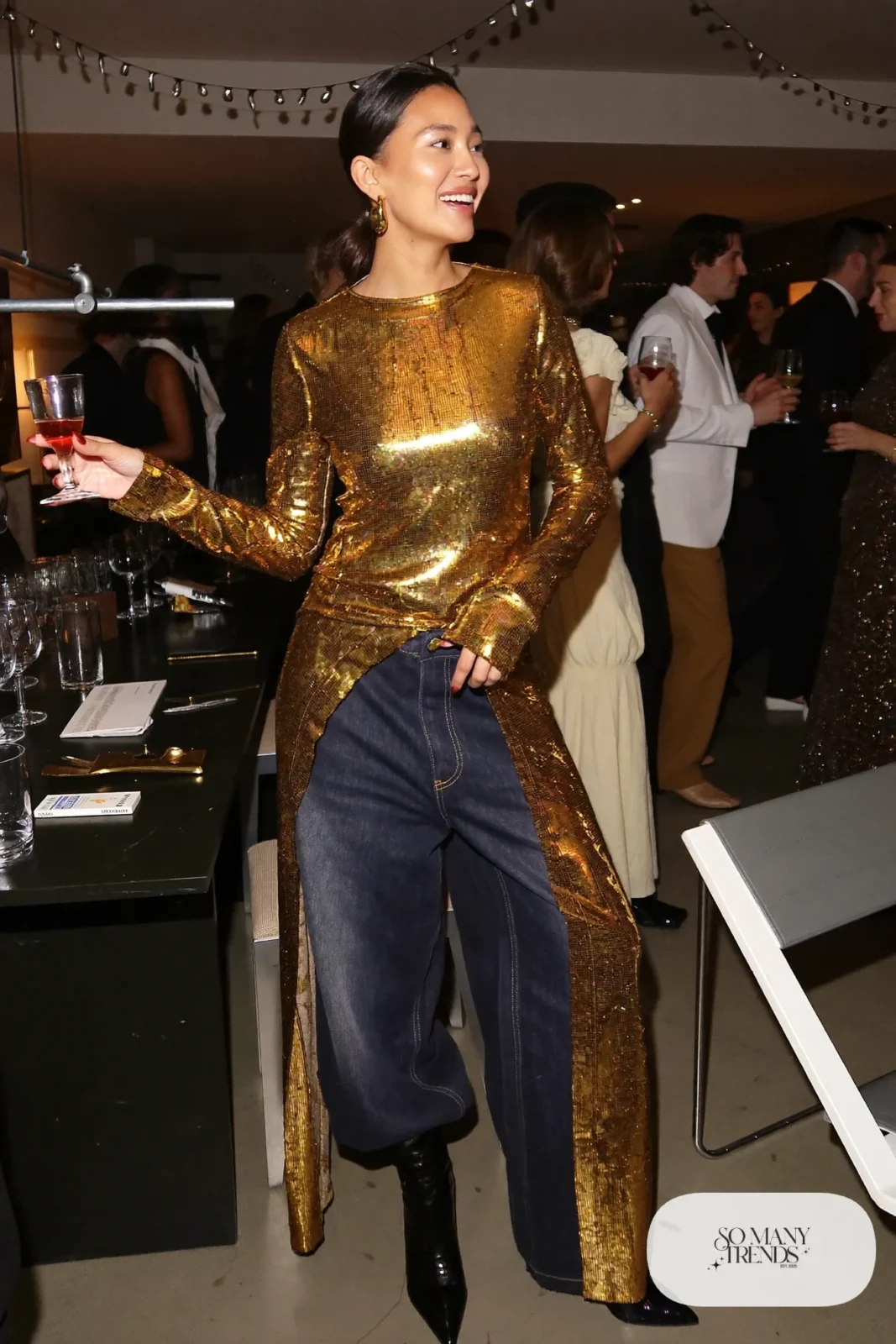 gold sequin bodysuit dark wash wide leg jeans black pointed boots outfit 27