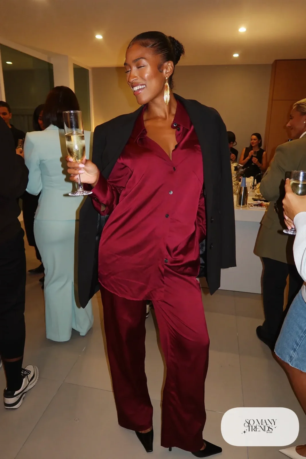burgundy satin pajama set black blazer pointed pumps gold jewelry outfit 30