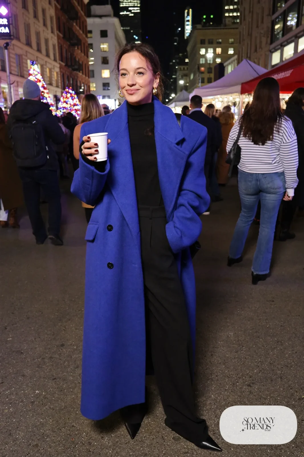 cobalt blue long wool coat black turtleneck black wide-leg pants pointed black boots gold hoops outfit 5