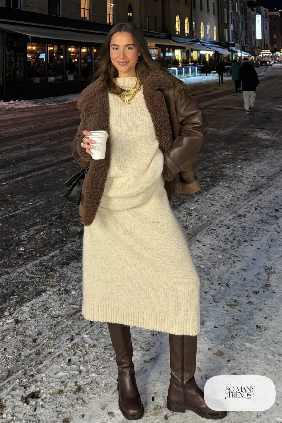 cream knit sweater and midi skirt set brown shearling jacket chocolate brown boots gold necklaces outfit 8