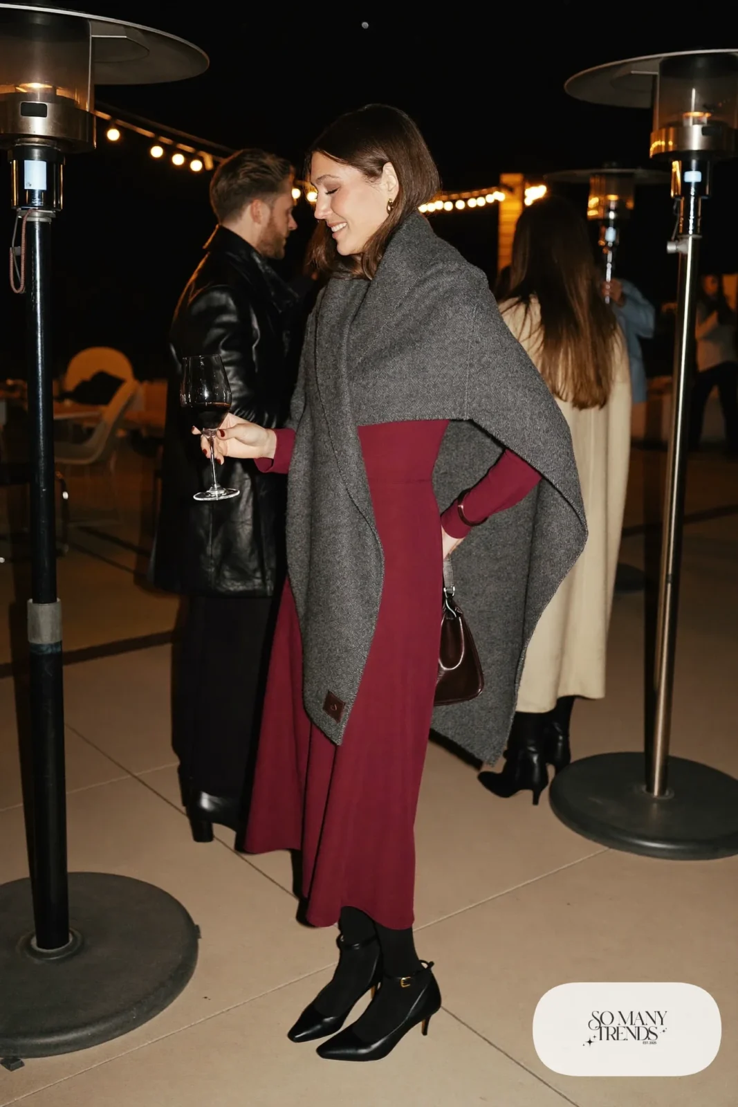 plum long sleeve midi dress gray oversized wool wrap black tights heeled boots outfit 11