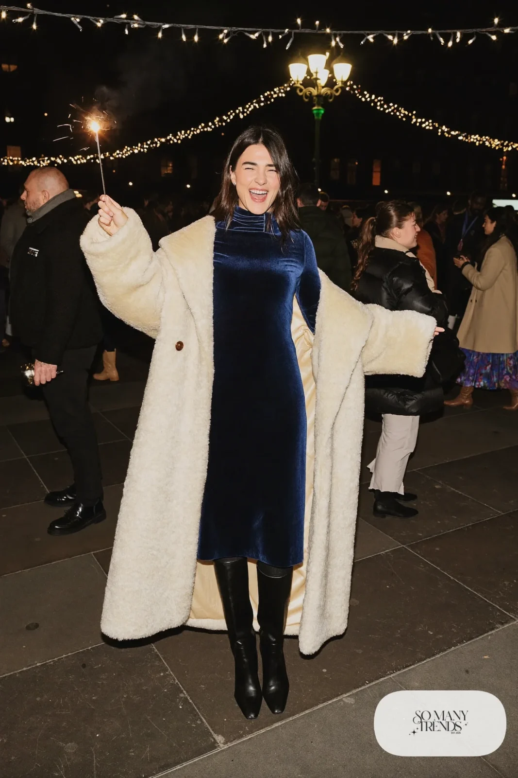 navy velvet long sleeve midi dress cream teddy coat black tights black knee-high boots outfit 15