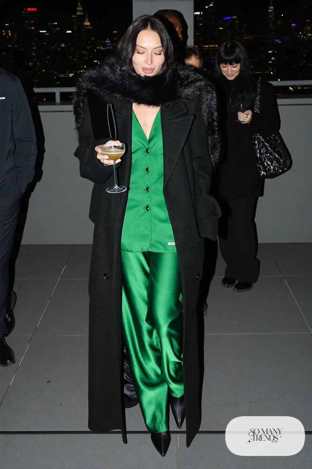 emerald satin two piece pants set black faux-fur stole long black coat black boots outfit 17