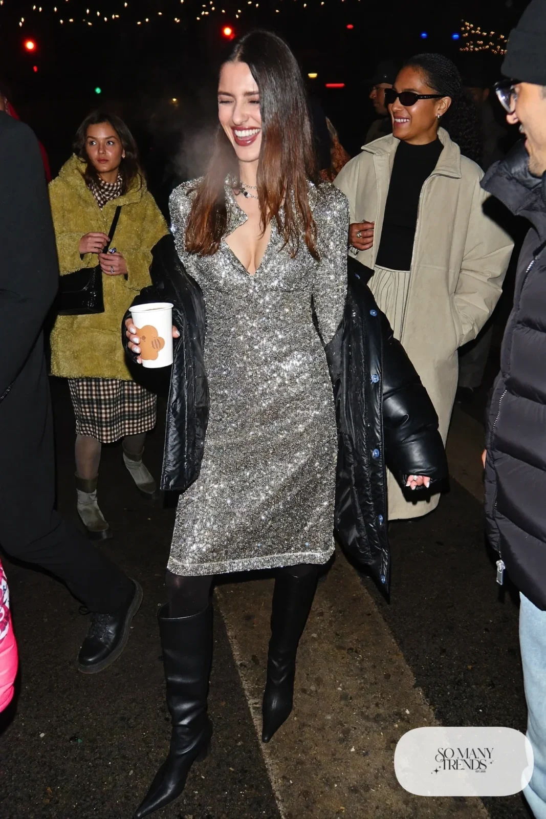 silver long sleeve sequin midi dress long glossy black puffer coat thermal tights black boots outfit 20