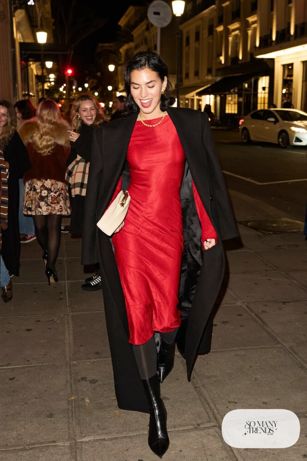 red long sleeve midi dress long black wool coat sheer black tights heeled boots gold jewelry outfit 22