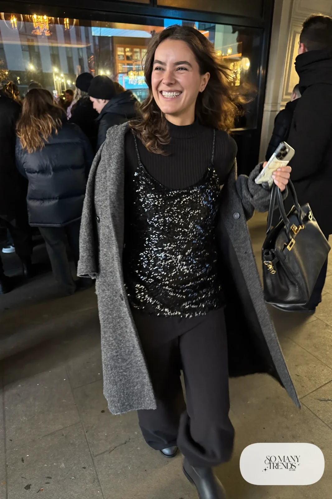 gray oversized wool coat black sequin camisole black turtleneck black wide-leg pants black boots outfit 25