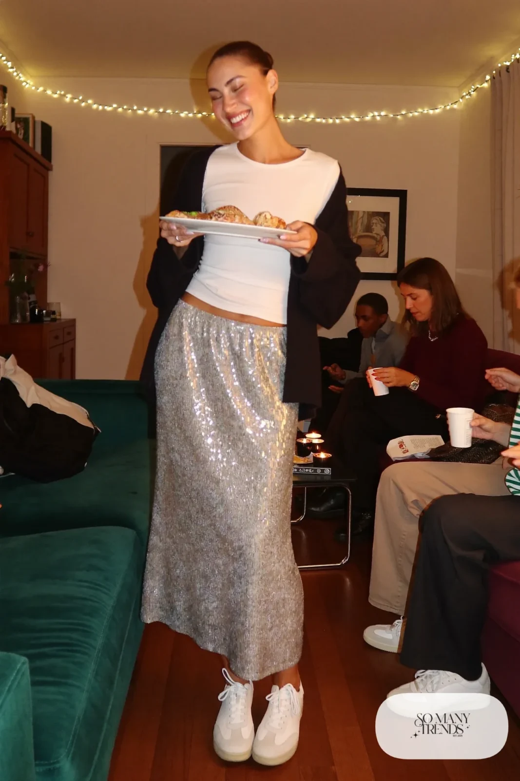 silver sequin midi skirt fitted white tee black cardigan white sneakers outfit 13