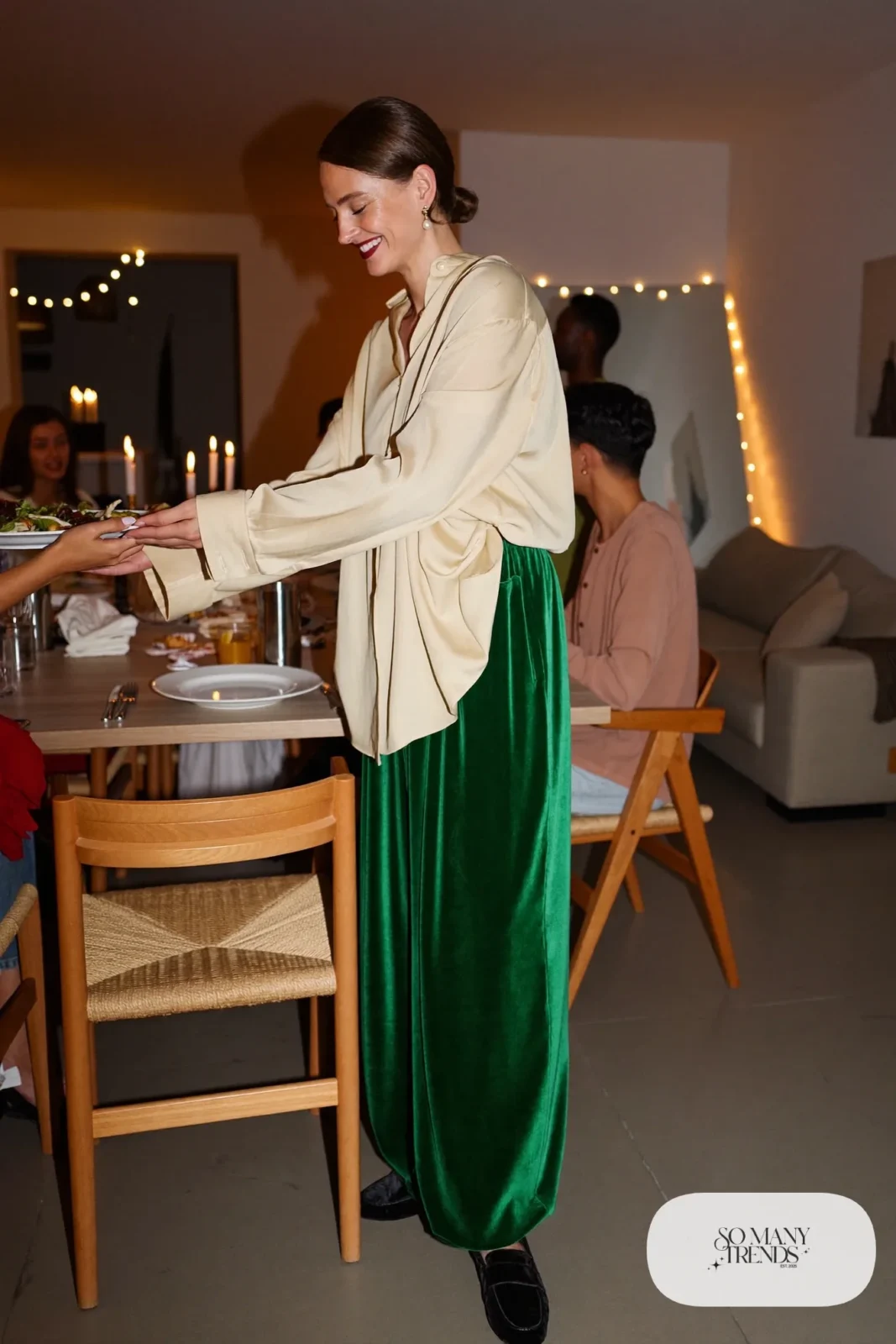 forest green velvet wide-leg pants cream silk blouse black velvet loafers pearl earrings outfit 19