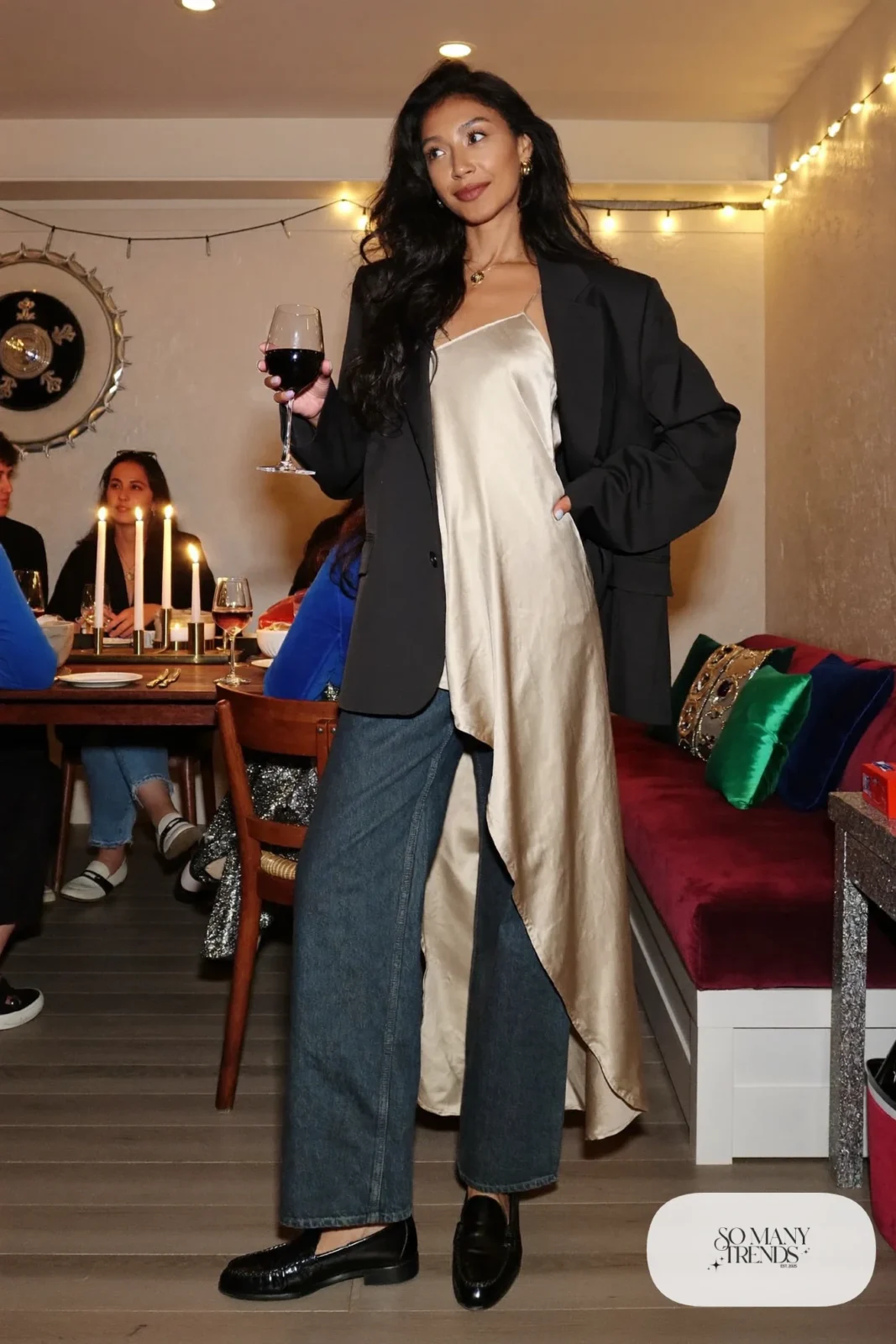 oversized black blazer champagne satin camisole dark straight jeans black loafers gold earrings outfit 21