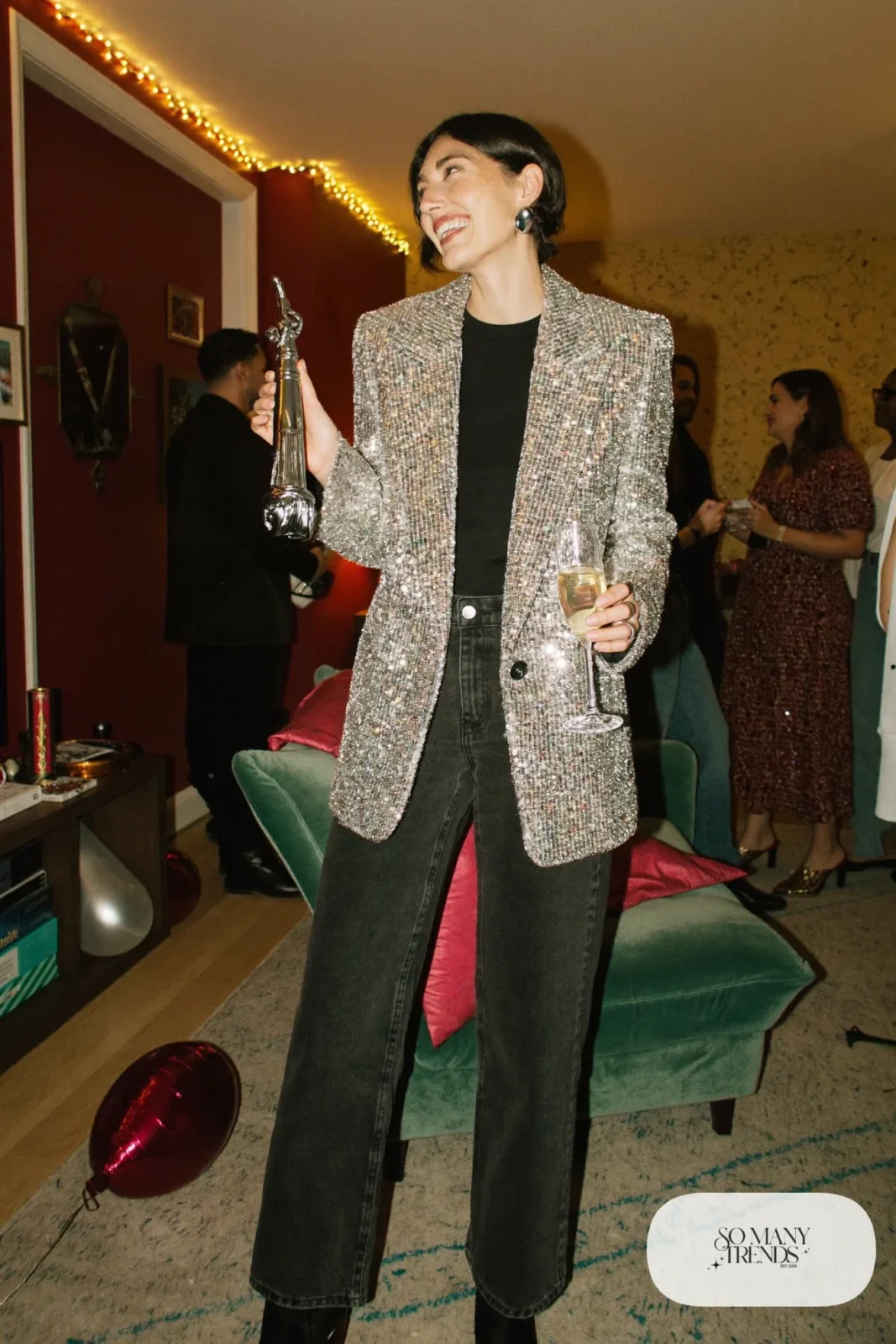 silver sequin oversized blazer black tee black straight jeans black ankle boots silver earrings outfit 26