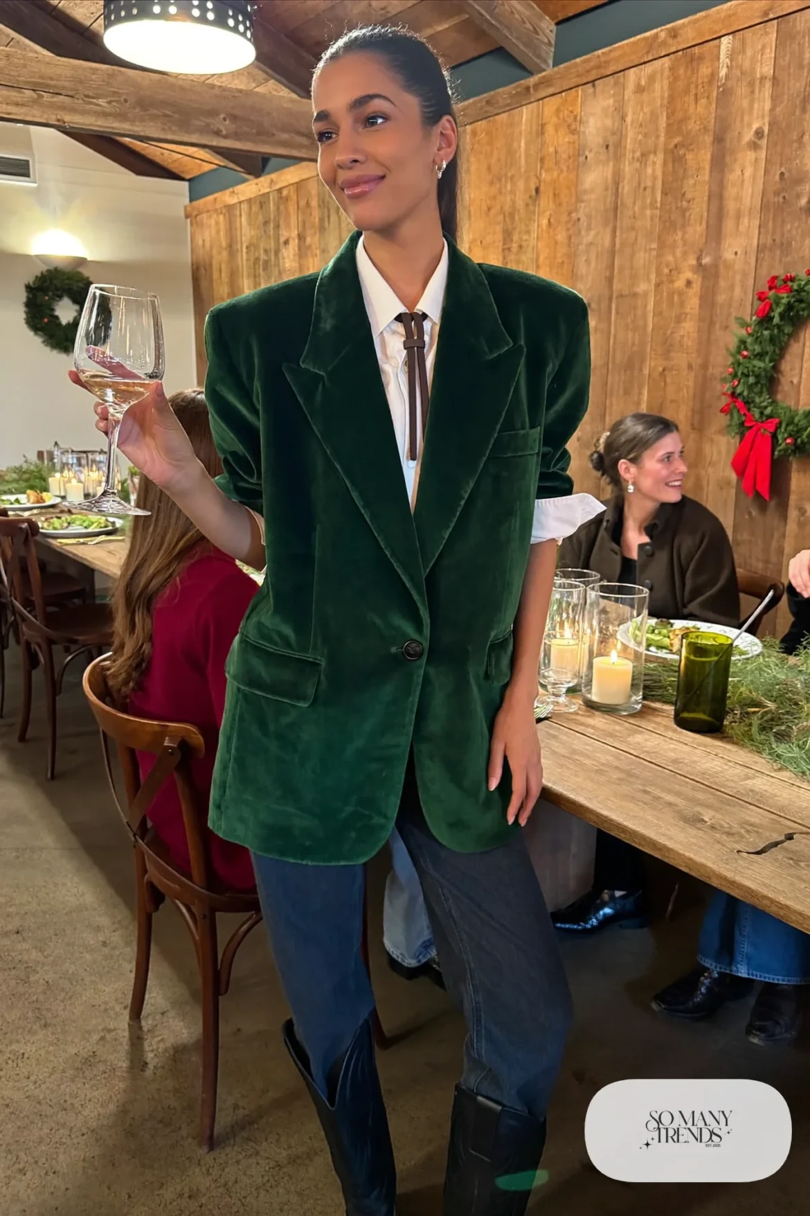forest green velvet blazer white shirt bolo tie dark jeans black cowboy boots outfit 2