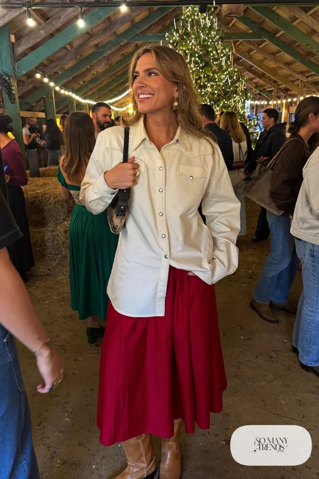 cream western yoke shirt pearl snaps red satin midi skirt tan cowboy boots gold earrings outfit 4