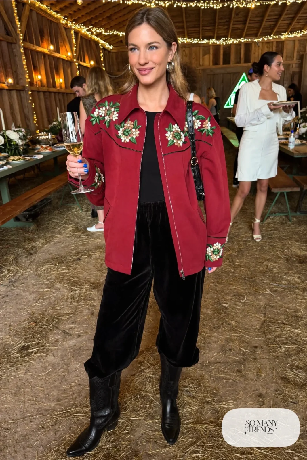 black velvet wide-leg pants burgundy embroidered western jacket black cowboy boots black top outfit 5