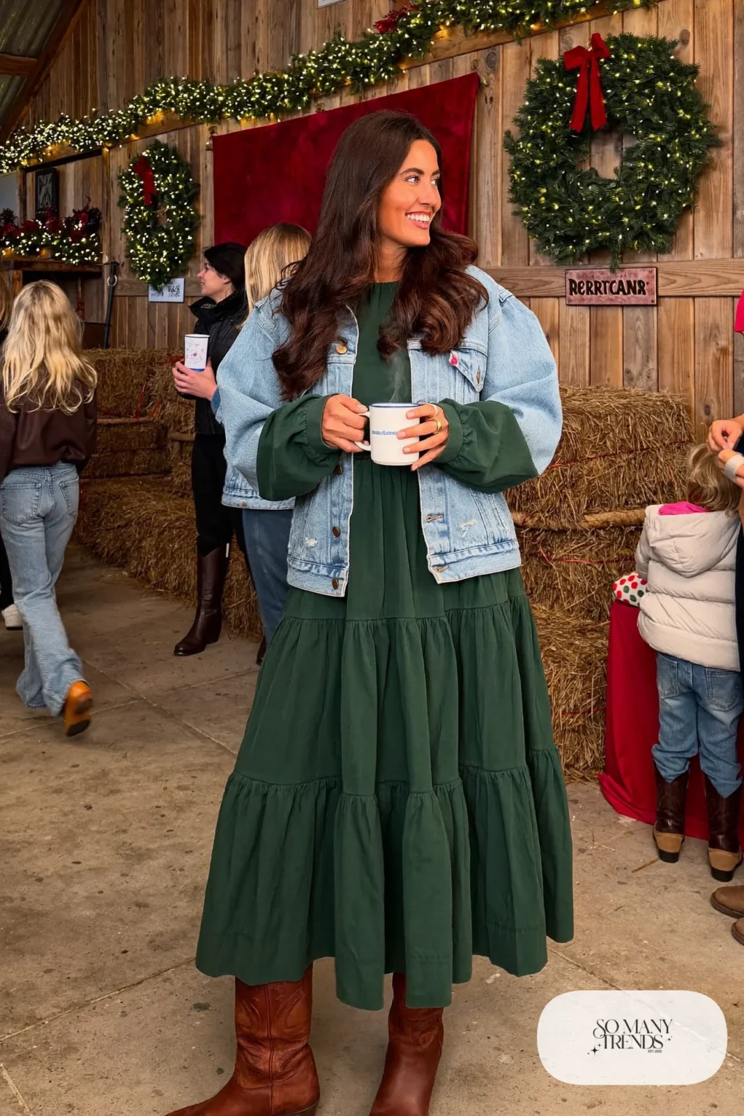 forest green tiered prairie midi dress oversized denim jacket brown cowboy boots outfit 8