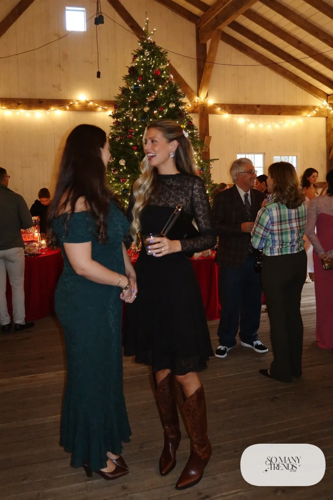 black long sleeve lace dress tall tooled brown western boots silver earrings clutch outfit 9