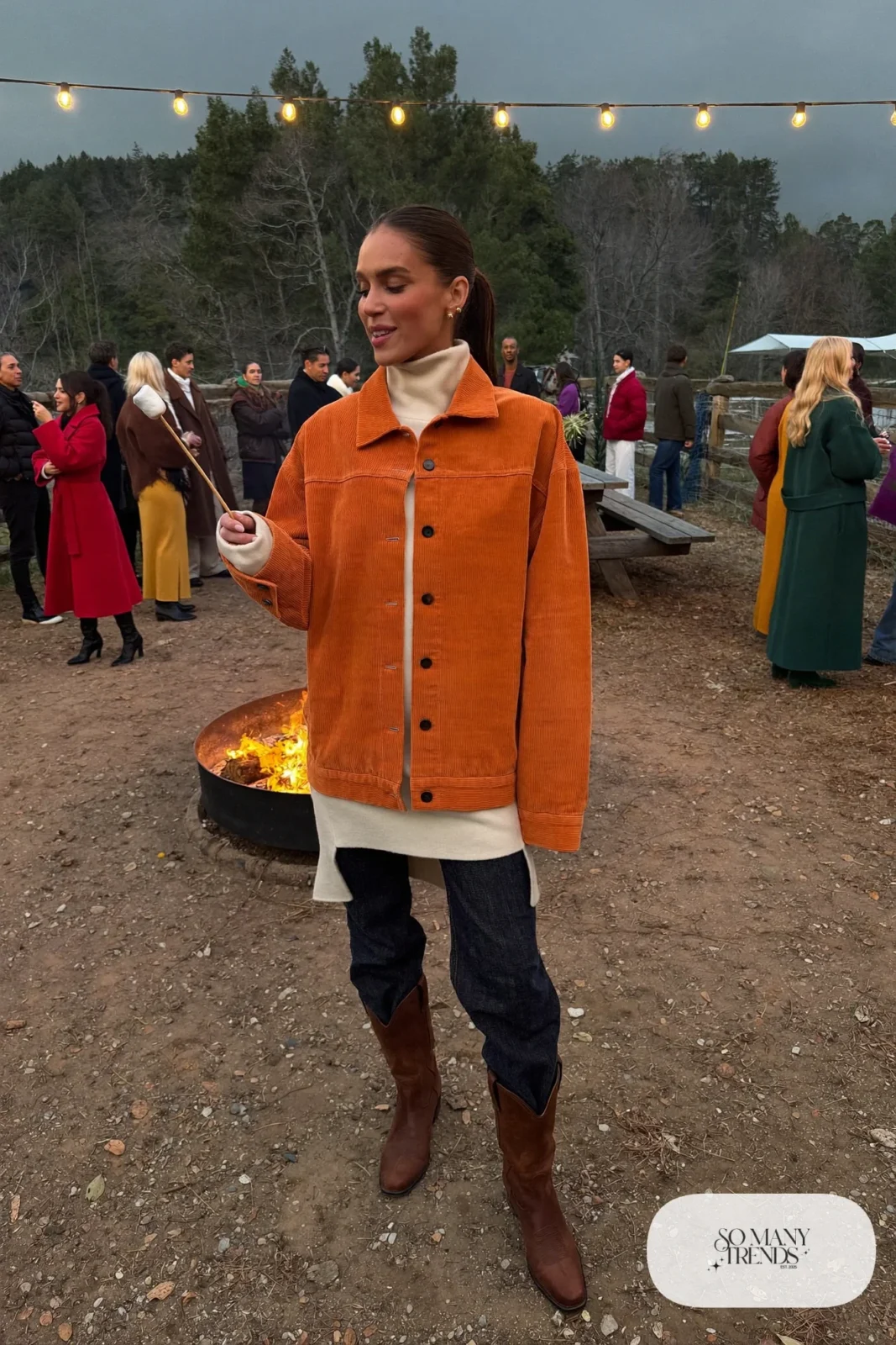 burnt orange corduroy jacket cream turtleneck dark straight jeans brown boots outfit 10