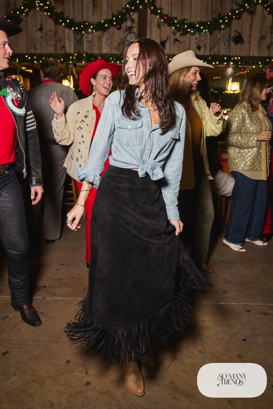 black suede fringe midi skirt loose chambray denim shirt tan cowboy boots outfit 15