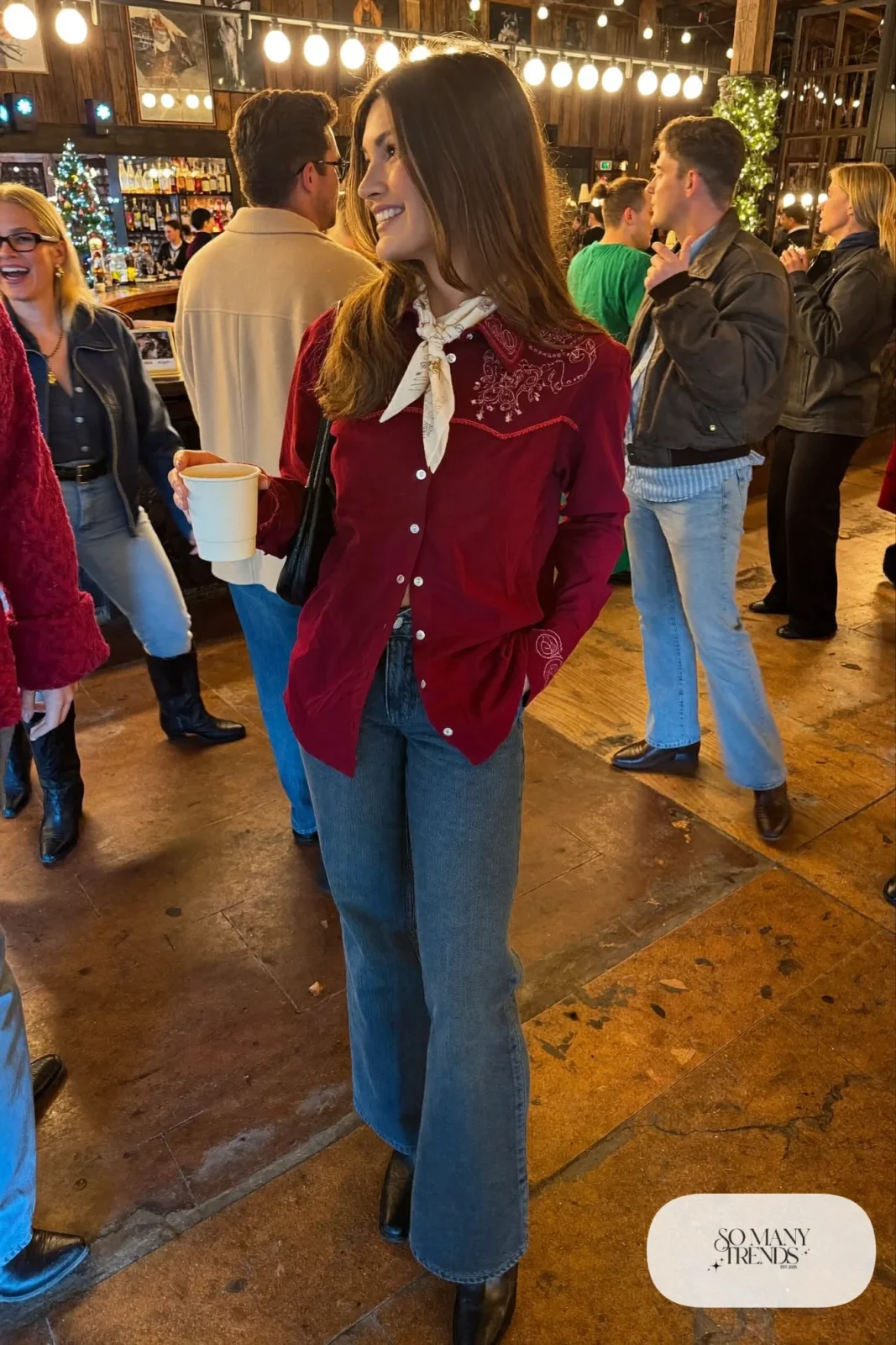burgundy western embroidered shirt flared jeans black cowboy boots bandana outfit 16