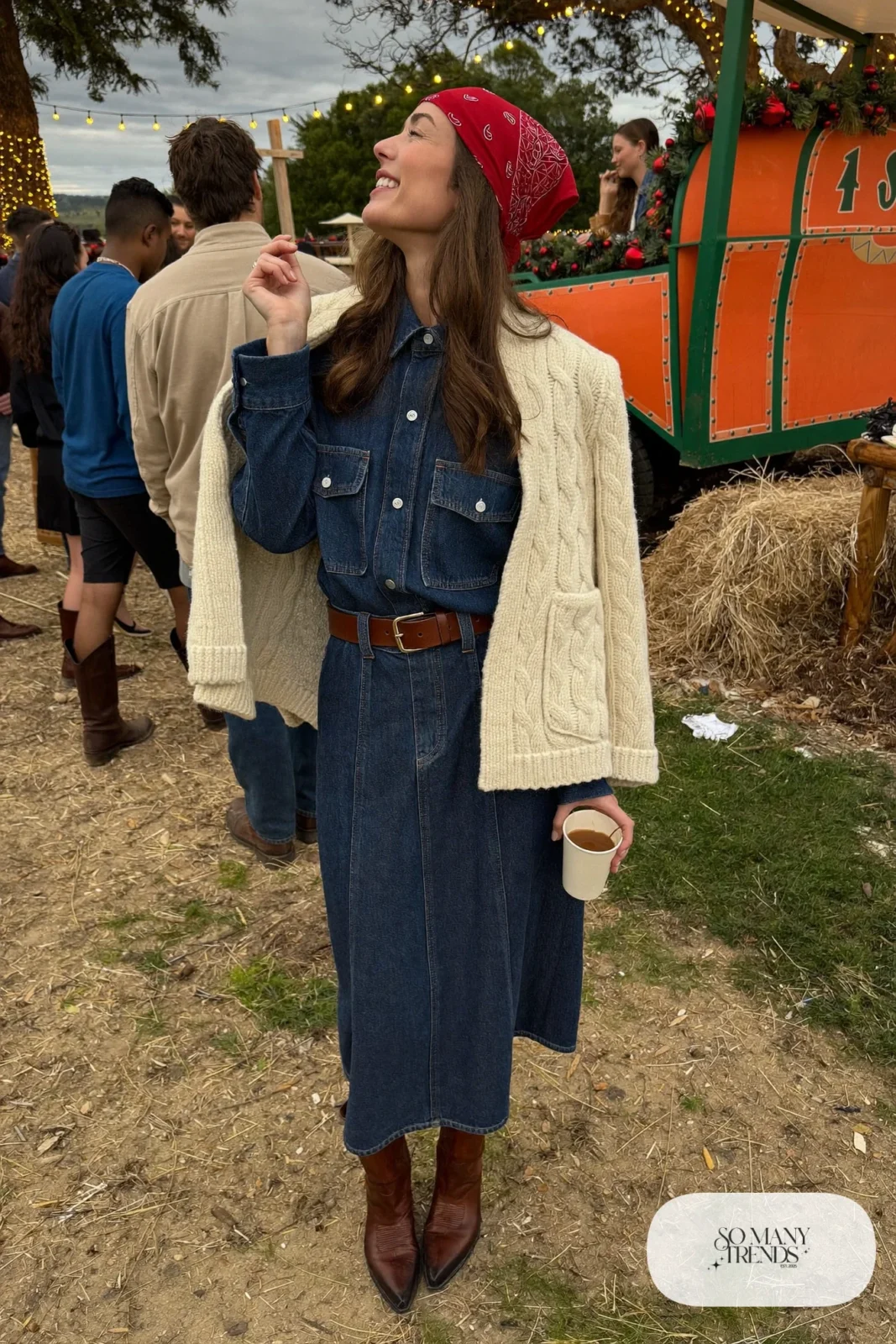 denim midi shirt dress red bandana brown leather belt brown cowboy boots cardigan outfit 19